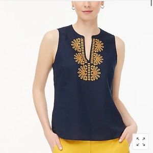 NWT J. Crew Embroidered Bib Navy Sleeveless Top